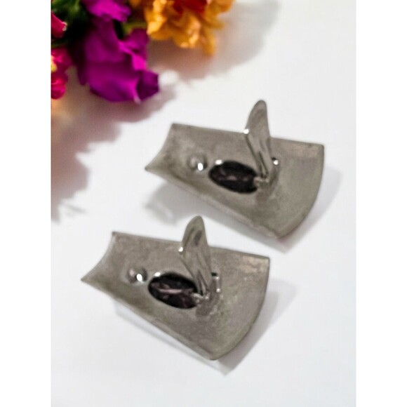 Vintage Earrings Silver Tone Huge Geometric Design Dark Red Crystal Clip On  5F - Picture 4 of 4